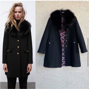 ZARA black faux fur trim Coat black size S NWT